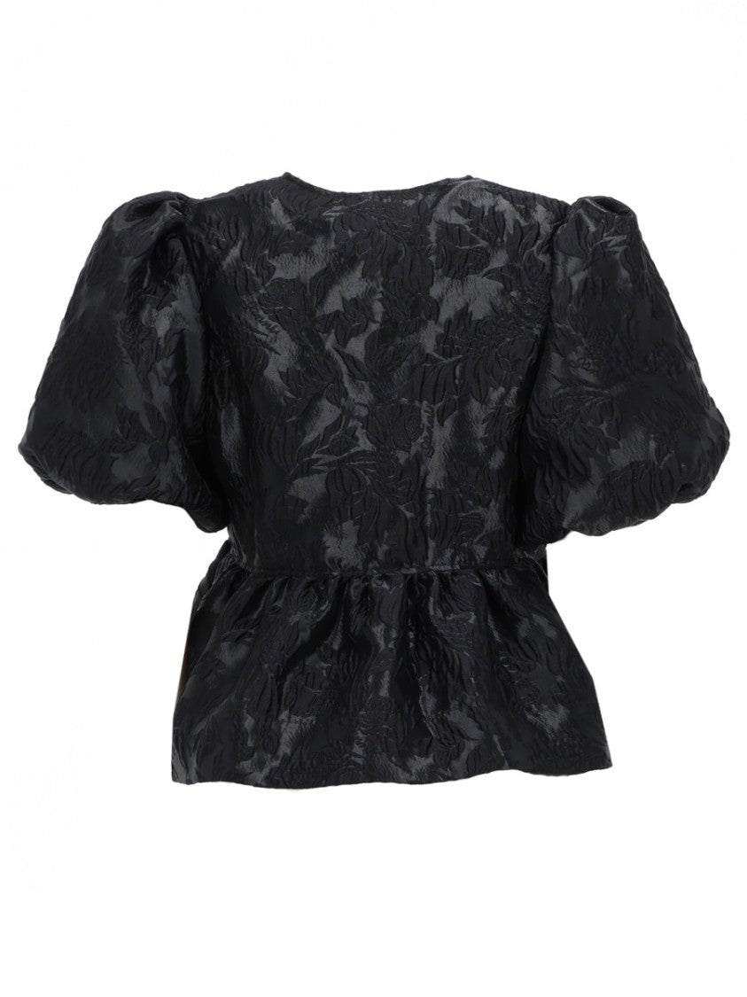 Ganni Textured Floral Jacquard Peplum Blouse