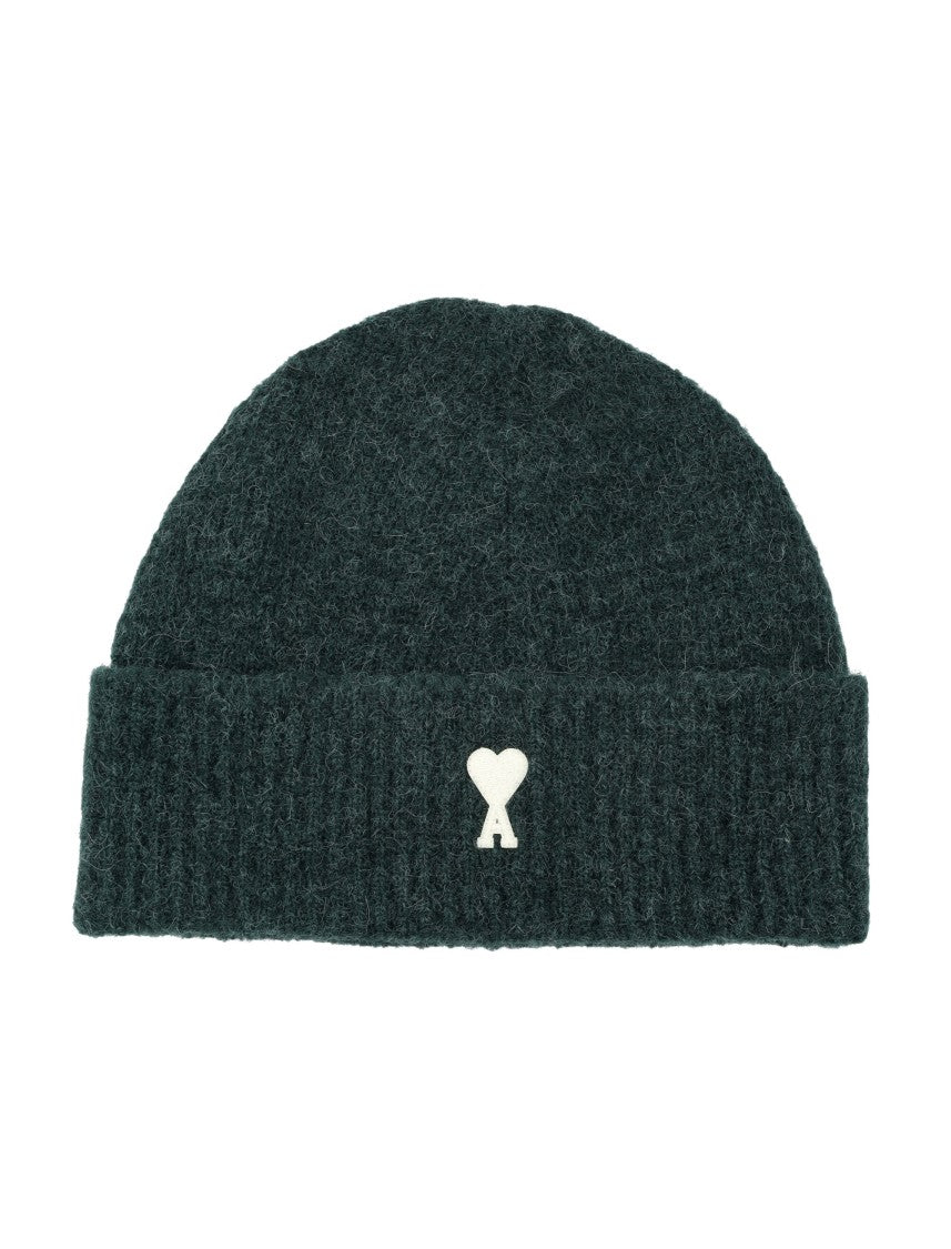 Ami Paris Black Textured Heart Emblem Alpaca Beanie