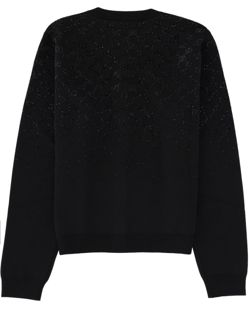 Gucci Black Cardigan With Crystal Embellishments And Fitted Ribbed Cuffs