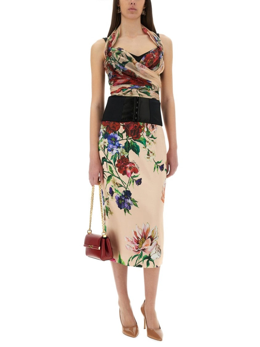Dolce & Gabbana Flower Print Satin Midi Pencil Skirt