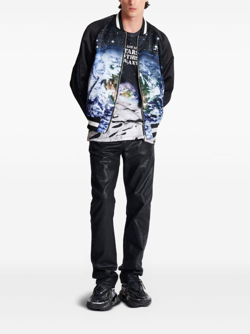 Balmain Black Graphic Earth Print Bomber Jacket