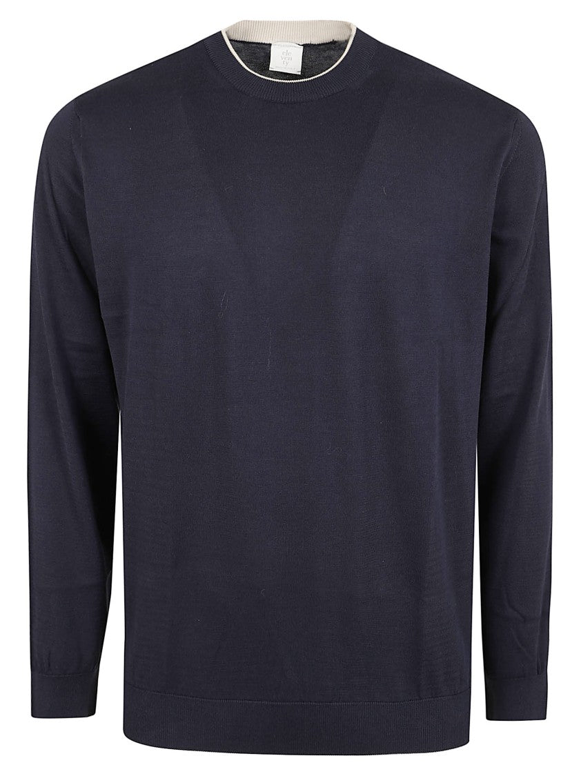 Eleventy Minimal Blue Cotton Crew Neck Sweater With Contrasting Trim