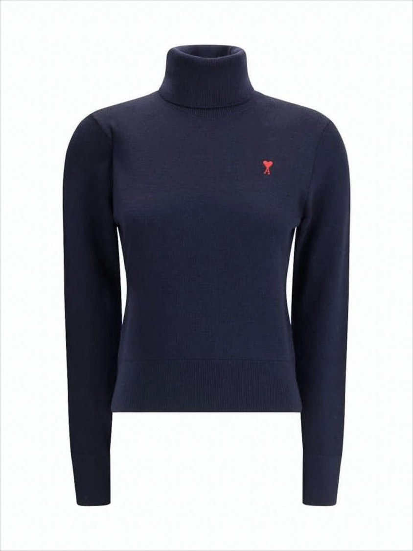 Ami Fitted Blue Turtleneck Sweater With Embroidered Heart Detail