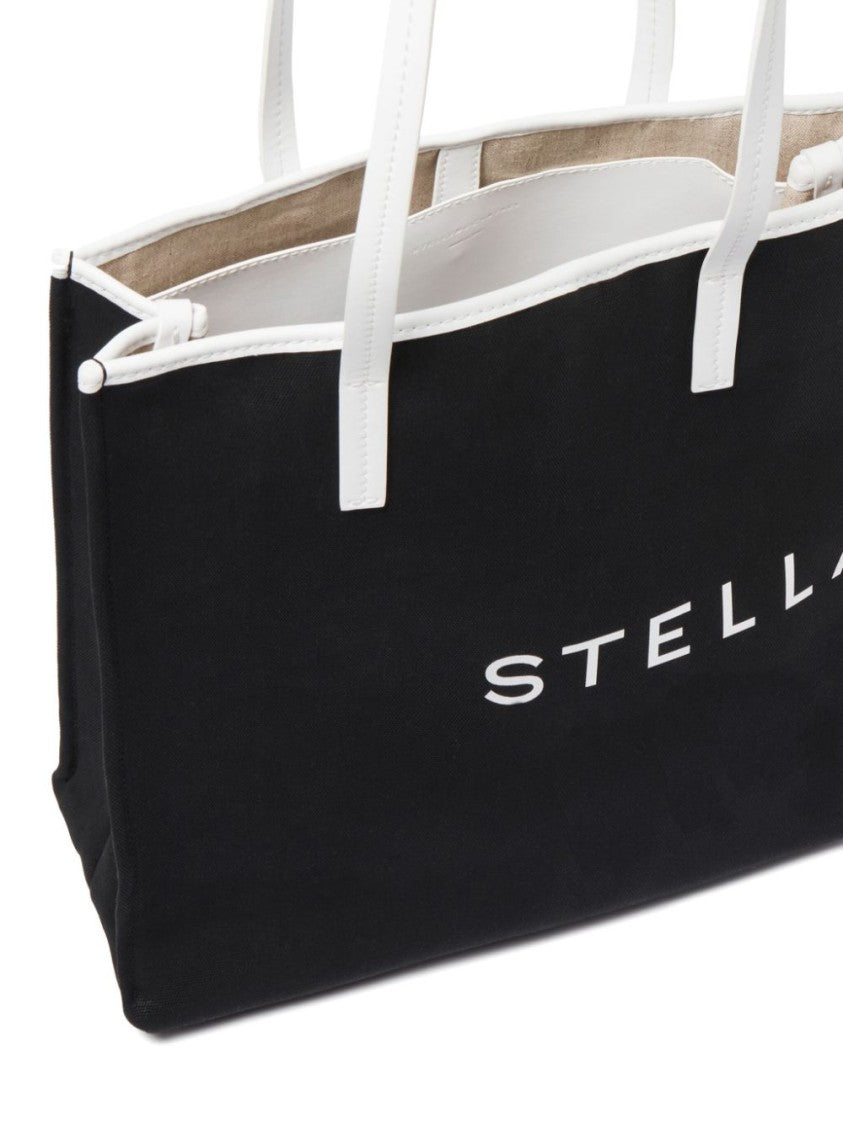 Stella Mccartney Black Canvas Tote Bag With Logo Prints And Moon Charm