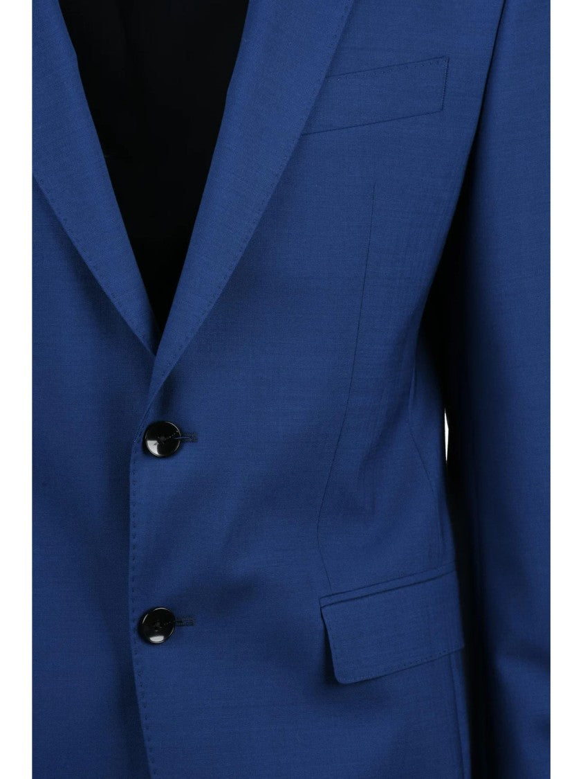 Boss Blue Fitted Button-Front Cotton-Blend Blazer