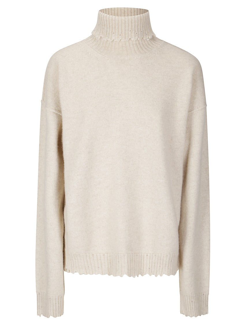 Uma Wang High Neck Cashmere Sweater With Frayed Edges