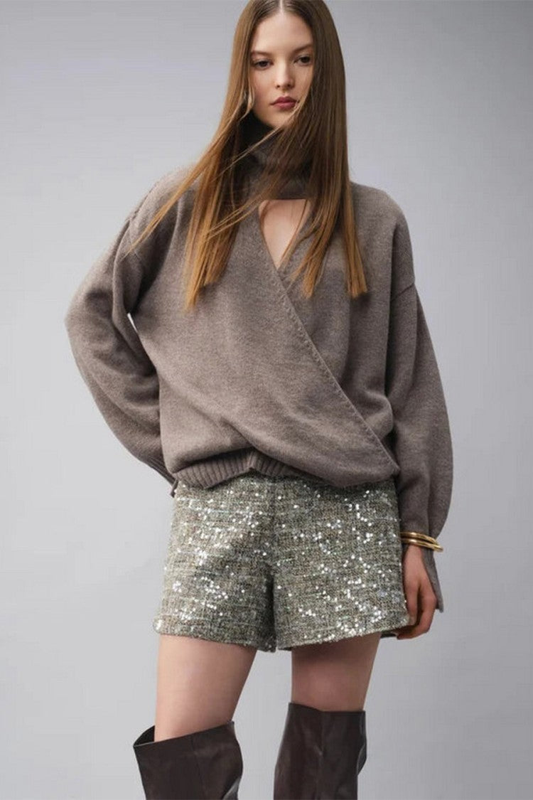 Simona Corsellini Taupe Wool Cutout Turtleneck Sweater