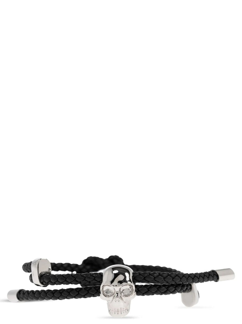 Mcqueen Braided Leather Bracelet With Polished Silver Skull Pendant