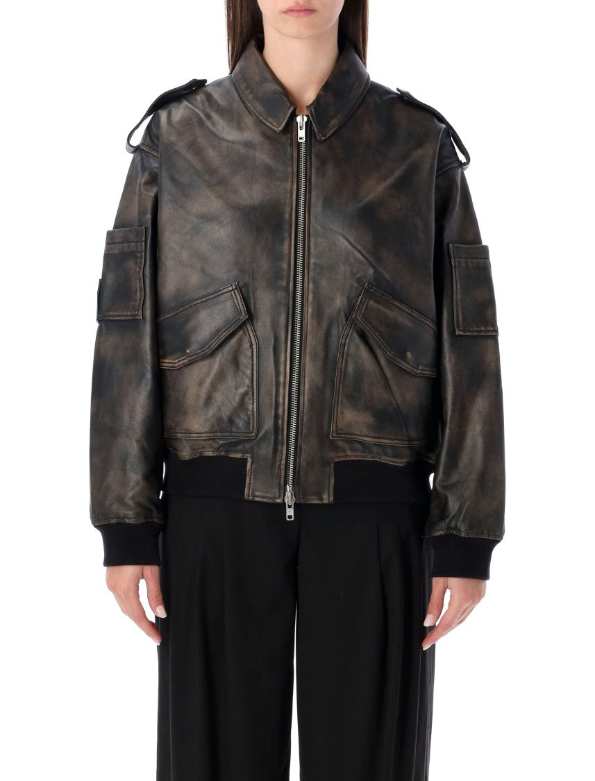 Sword Rub Off Leather Bomber Jacket