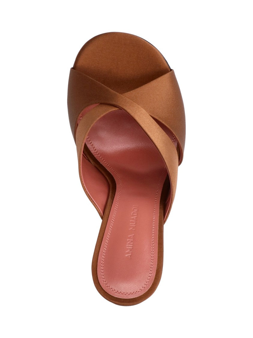 Amina Muaddi Brown Salma Crisscross Satin Mules