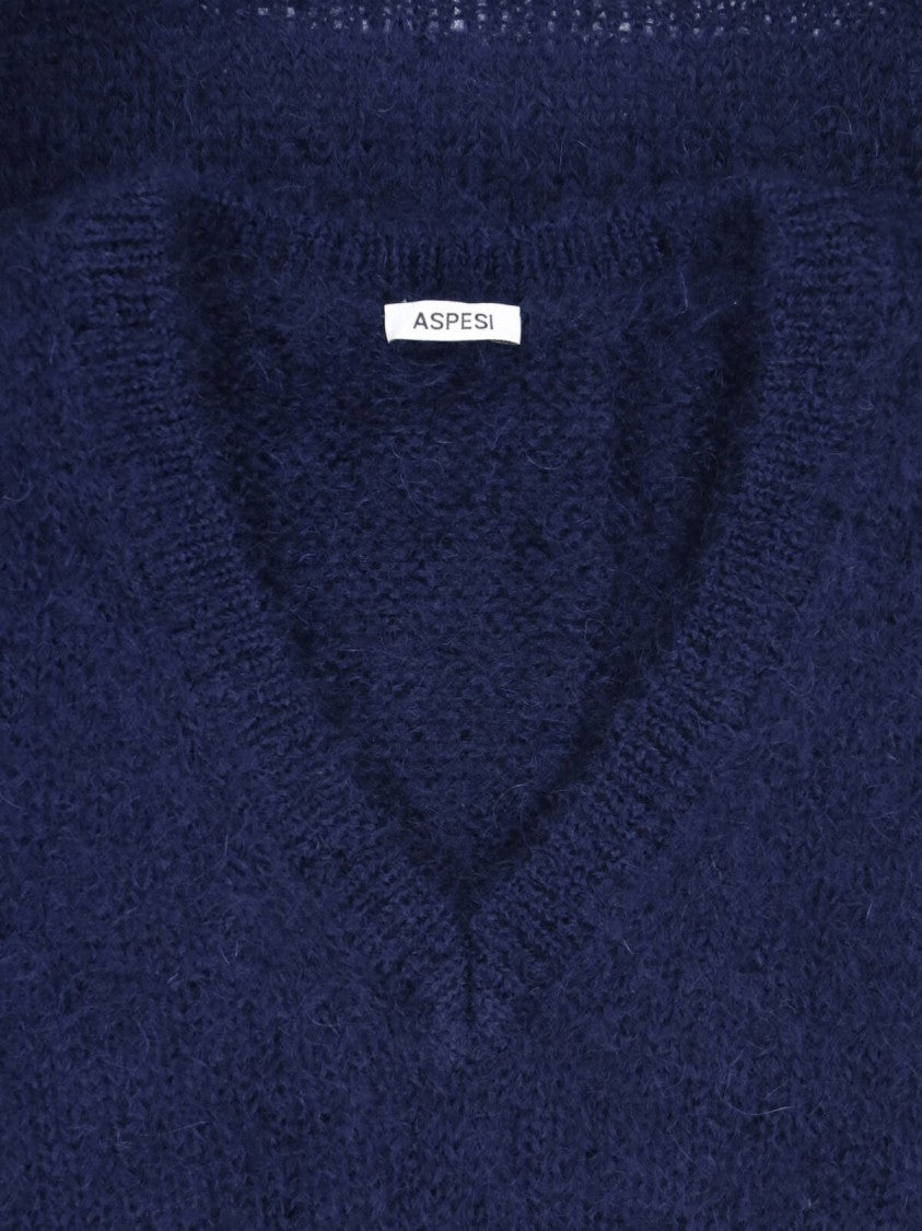 Aspesi Blue Mohair Wool V-Neck Sweater