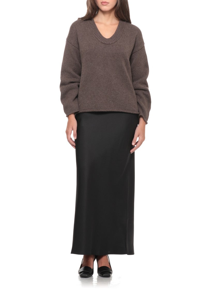 Loulou De Saison Black Satin Finish Hook Closure Silk Long Skirt