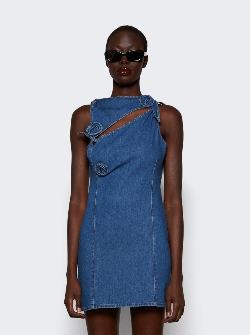 Coperni Denim Asymmetric Flower Mini Dress Blue