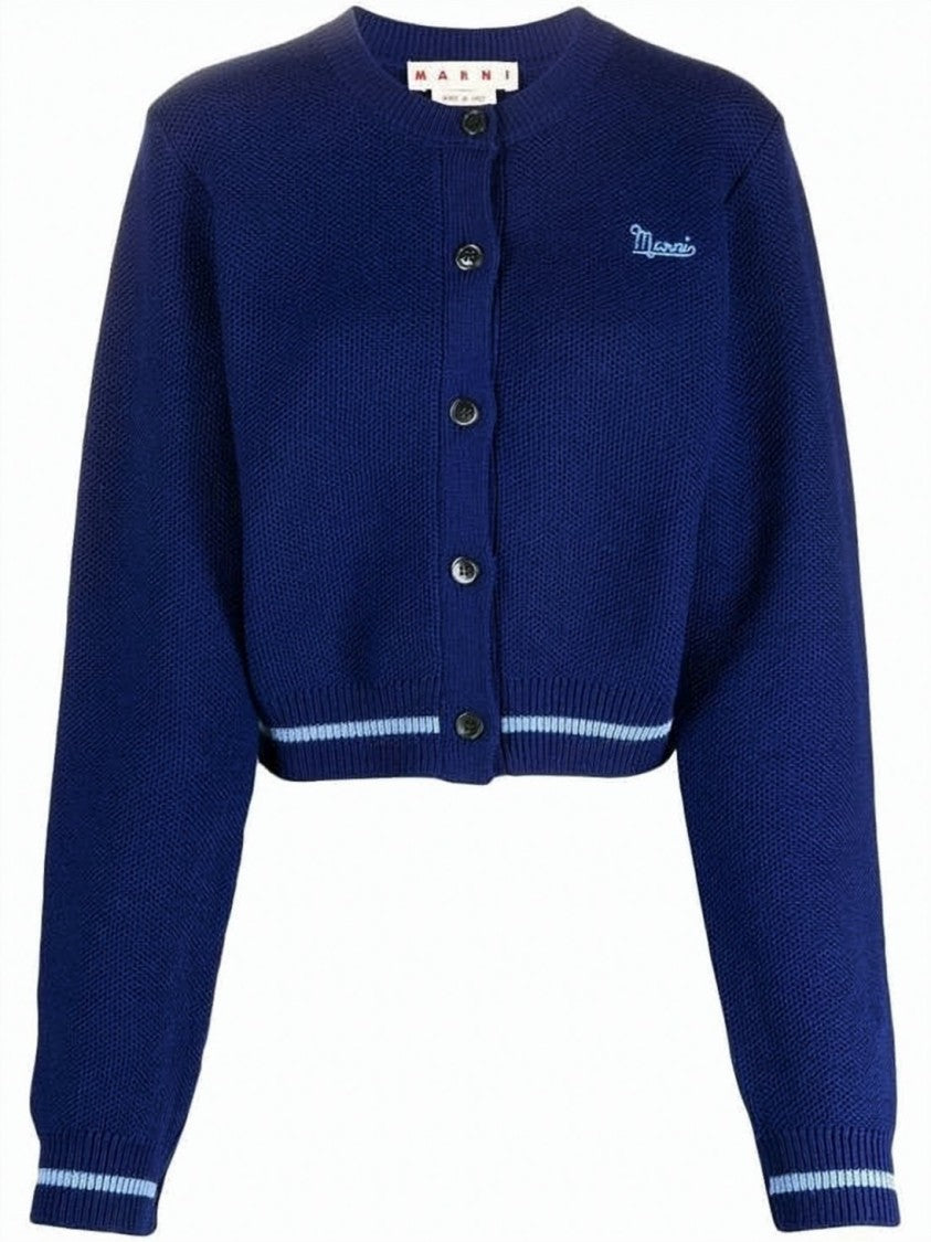 Marni Cropped Navy Knit Cardigan With Textured Finish