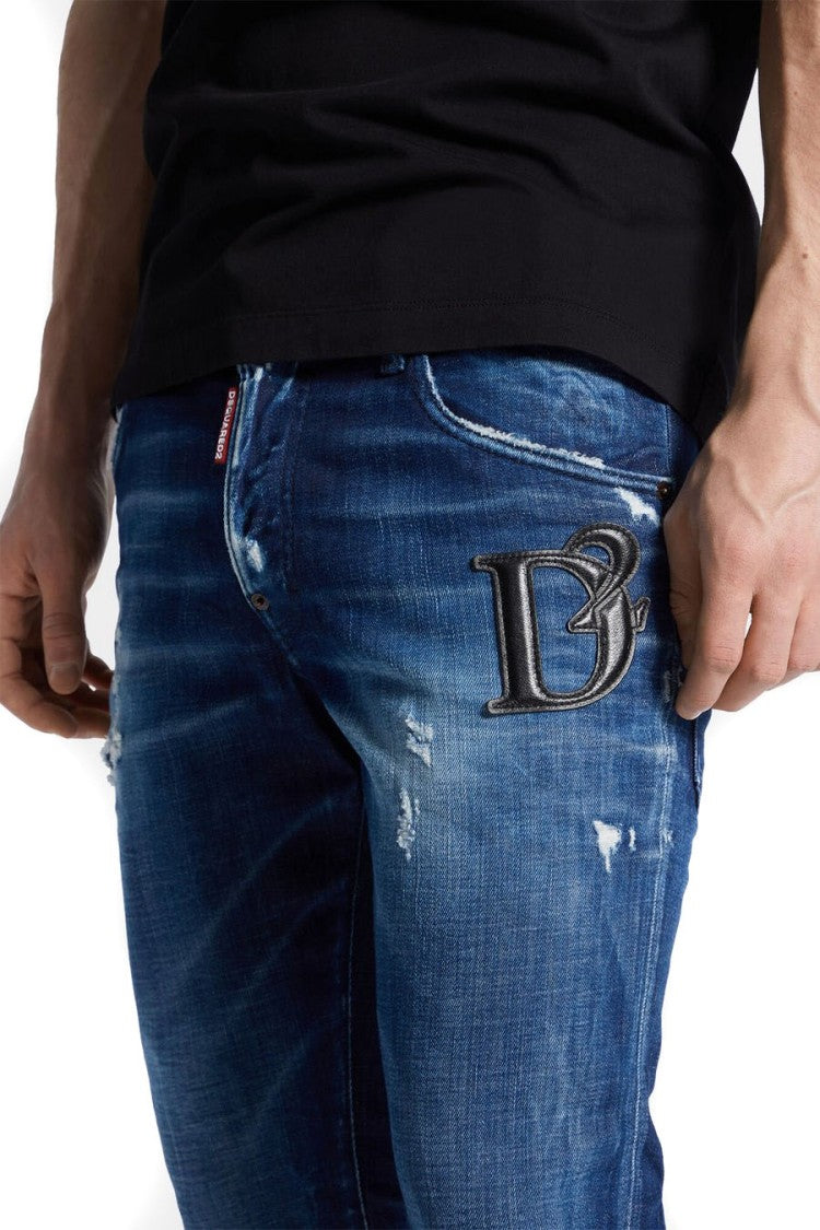 Dsquared2 Blue Distressed Dark Wash Cotton-Blend Skater Jeans