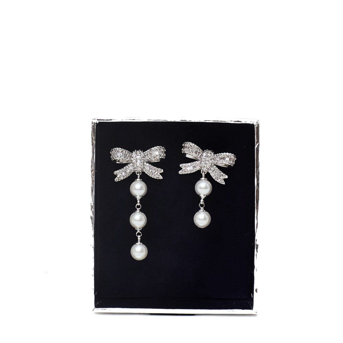 Self-Portrait Silver-Plated Brass Crystal Bow Pearl Drop Earrings