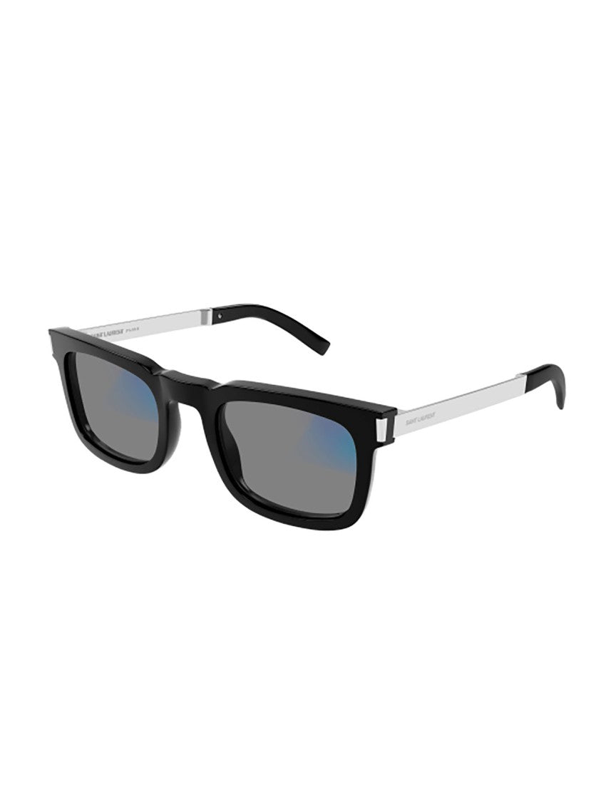 Saint Laurent Bold Rectangular Black Acetate Sunglasses With Silver Accents