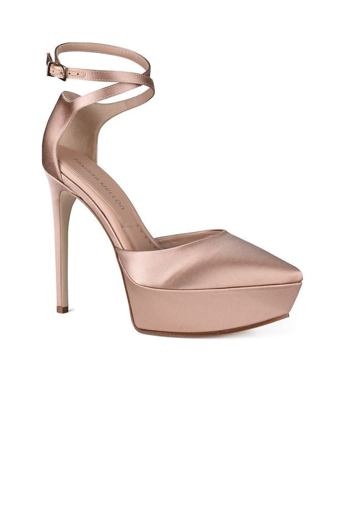 Tamara Mellon Nude Satin Platform Sandals With Pointed Toe