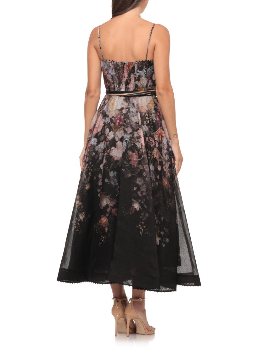 Zimmermann Floral Midi Dress With Bustier Bodice And Sheer Overlay