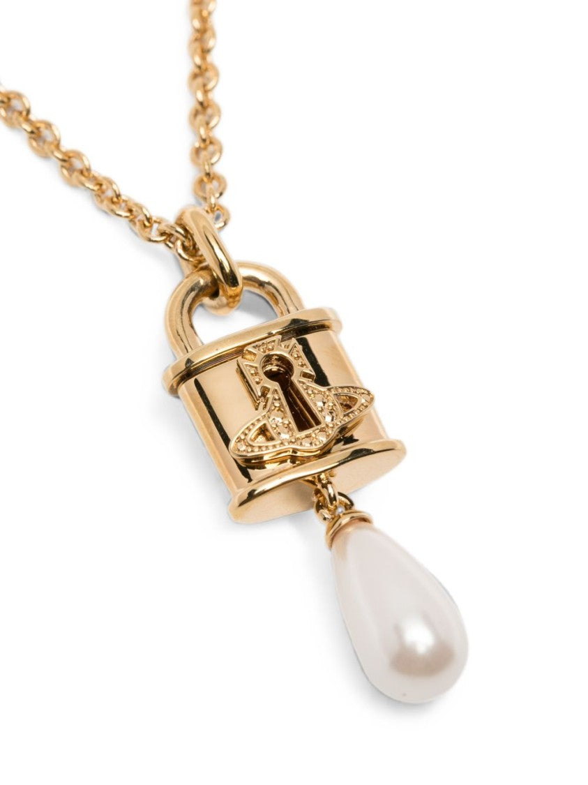 Vivienne Westwood Gold Padlock Teardrop Pearl Pendant Necklace