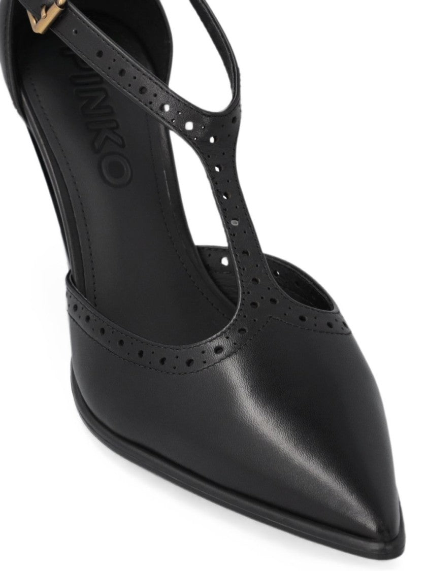 Pinko Black Pointed Toe T-Strap Perforated Pumps