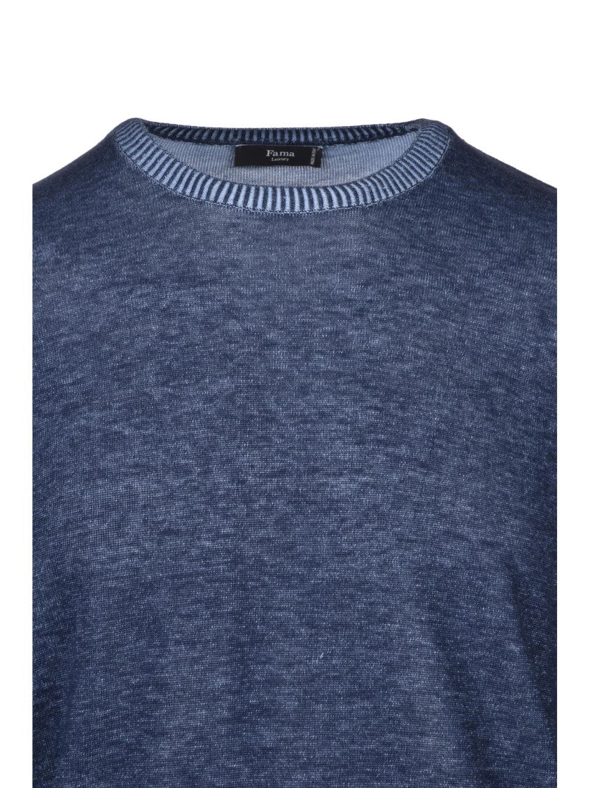 Fama Blue Textured Cotton Crewneck Sweater