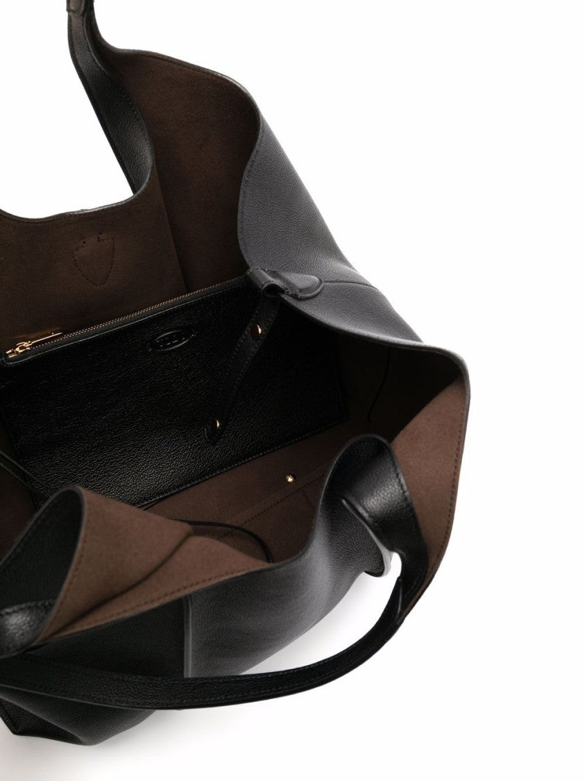 Tod's Spacious Black Calfskin Shopper Bag With Signature T-Clasp