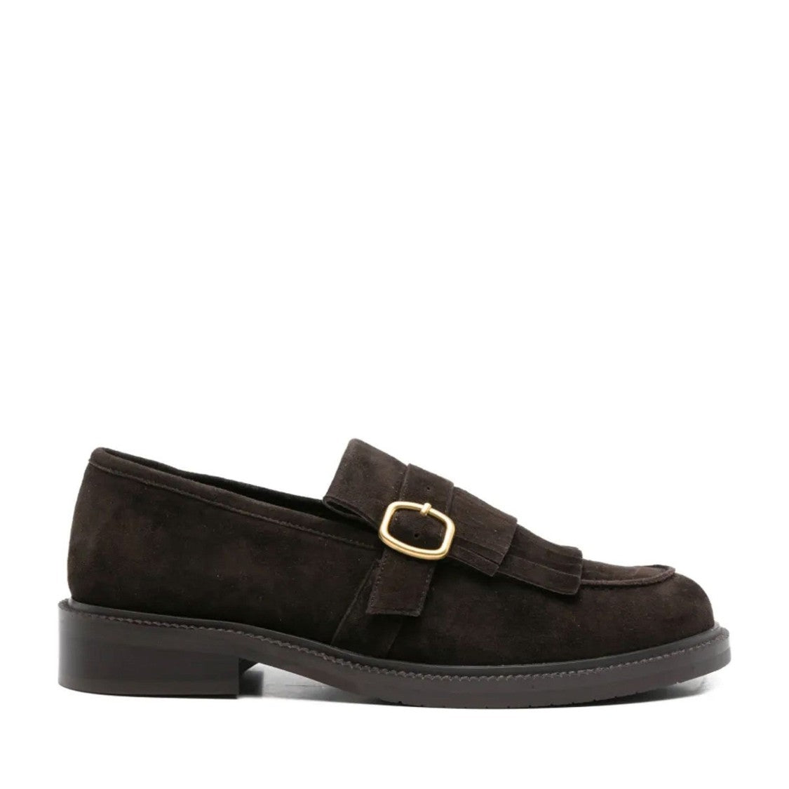 Adrianna Feretti Brown Fringe Gold Buckle Suede Loafers