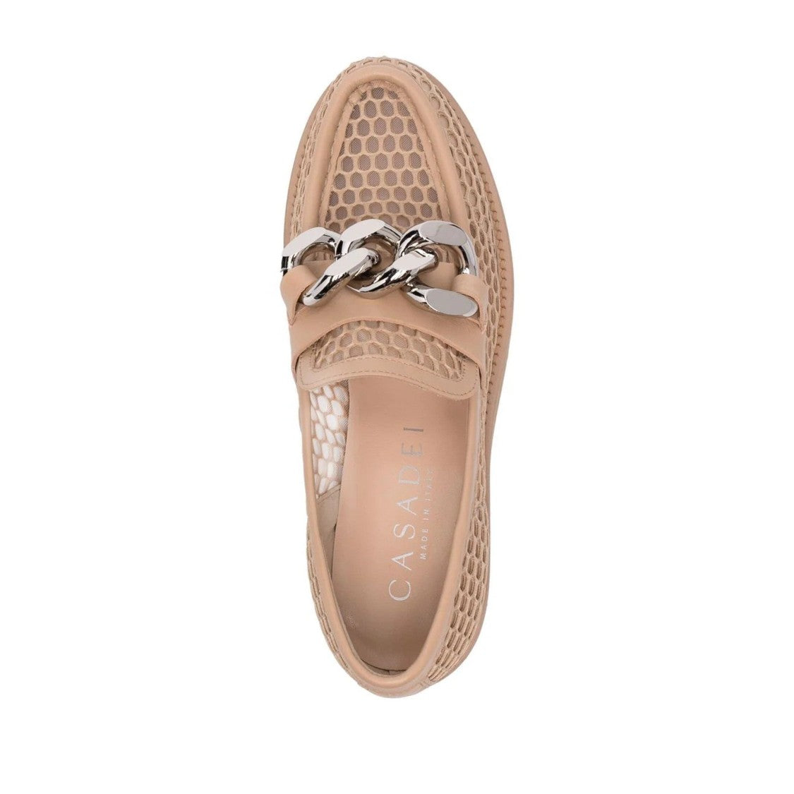 Casadei Beige Trappeur Honeycomb Pattern Silver Chain Loafers