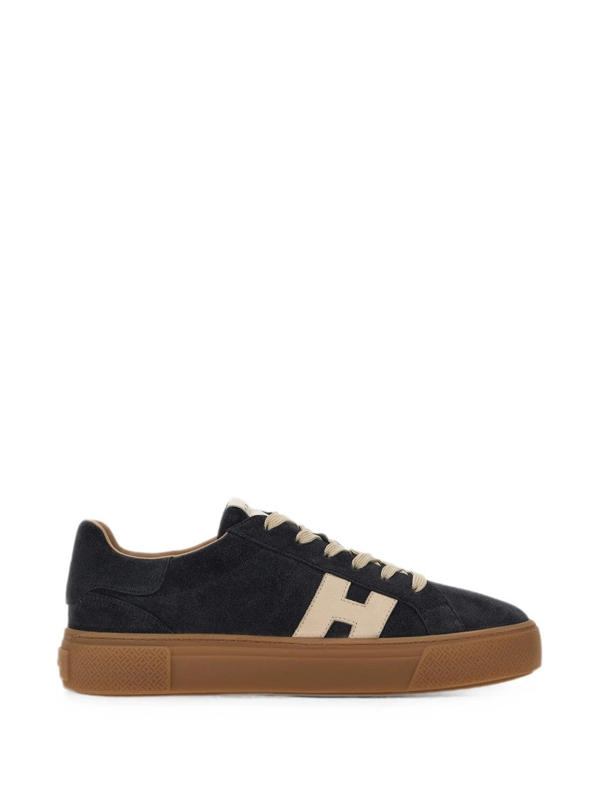 Hogan Low-Top Navy Suede Sneakers With Beige Accents And Textured Sole