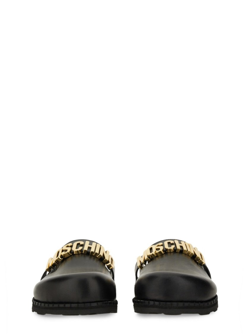 Moschino Black Leather Sandal With Logo Detail