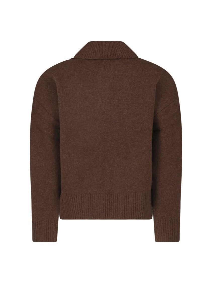 Ami Paris Cropped Cardigan With Classic Collar And Intarsia Logo