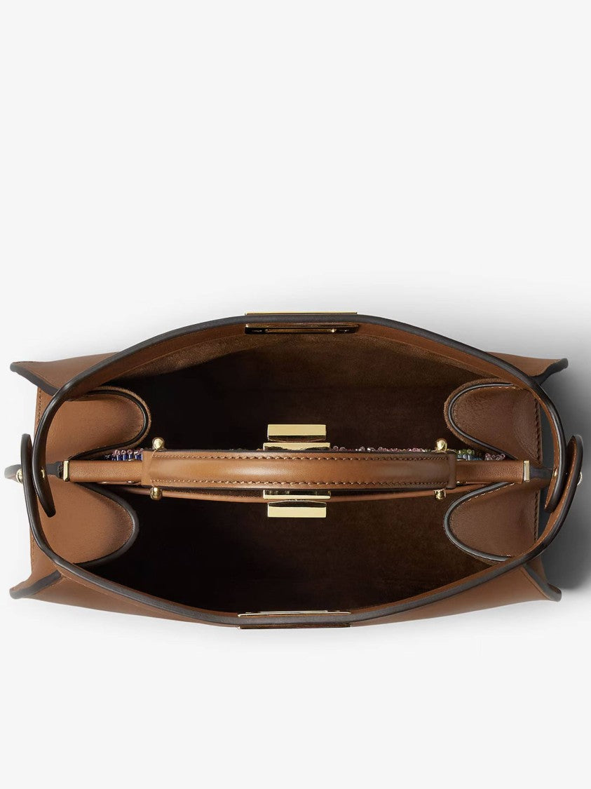 Fendi Structured Calf Leather Handbag With Beaded Flap And Gold-Tone Hardware