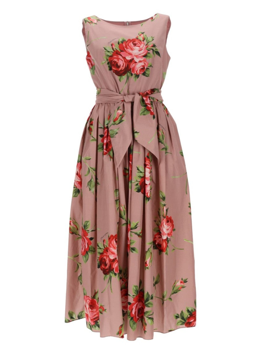 Dolce & Gabbana Rose Bouquet Cotton Belted Midi Dress