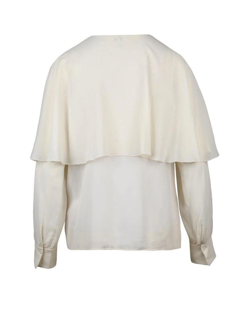 Chloé Cascading White Chiffon Blouse With Layered Overlay And Crew Neck Design