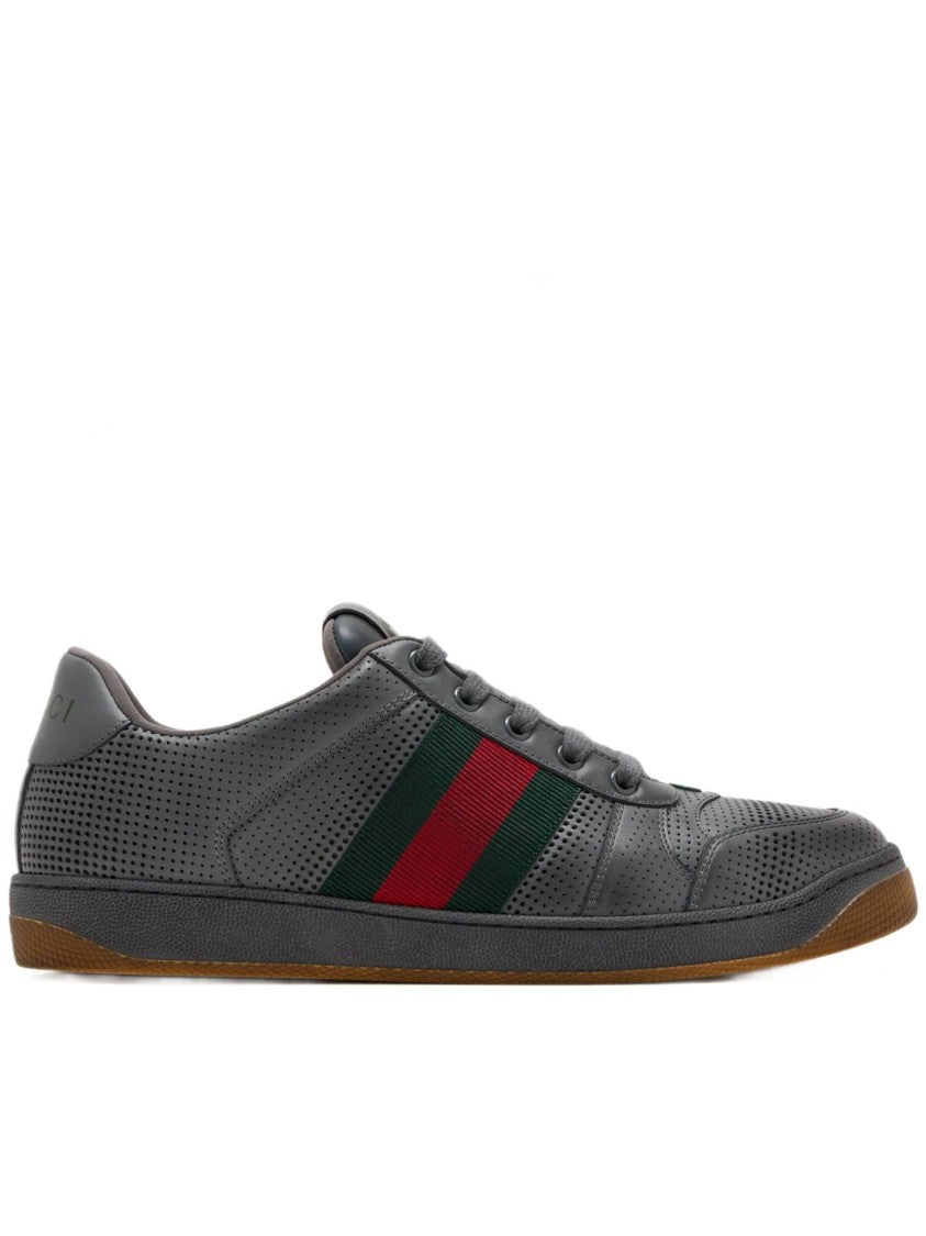 Gucci Dark Grey Perforated Leather Sneaker With Green And Red Striped Detail