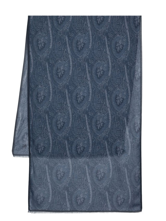 Etro Paisley-Patterned Blue Scarf With Fringed Edges