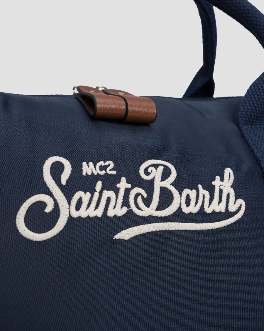 Mc2 Saint Barth Navy Blue Duffle Bag With Brown Leather Accents