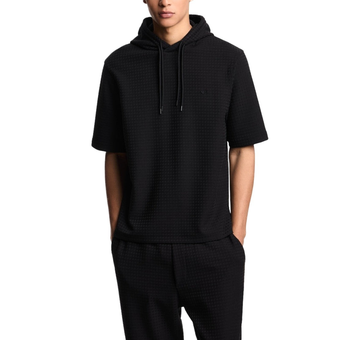 Emporio Armani Black Jacquard Knit Sweatshirt With Drawstring Hood And Micro Eagle Embroidery