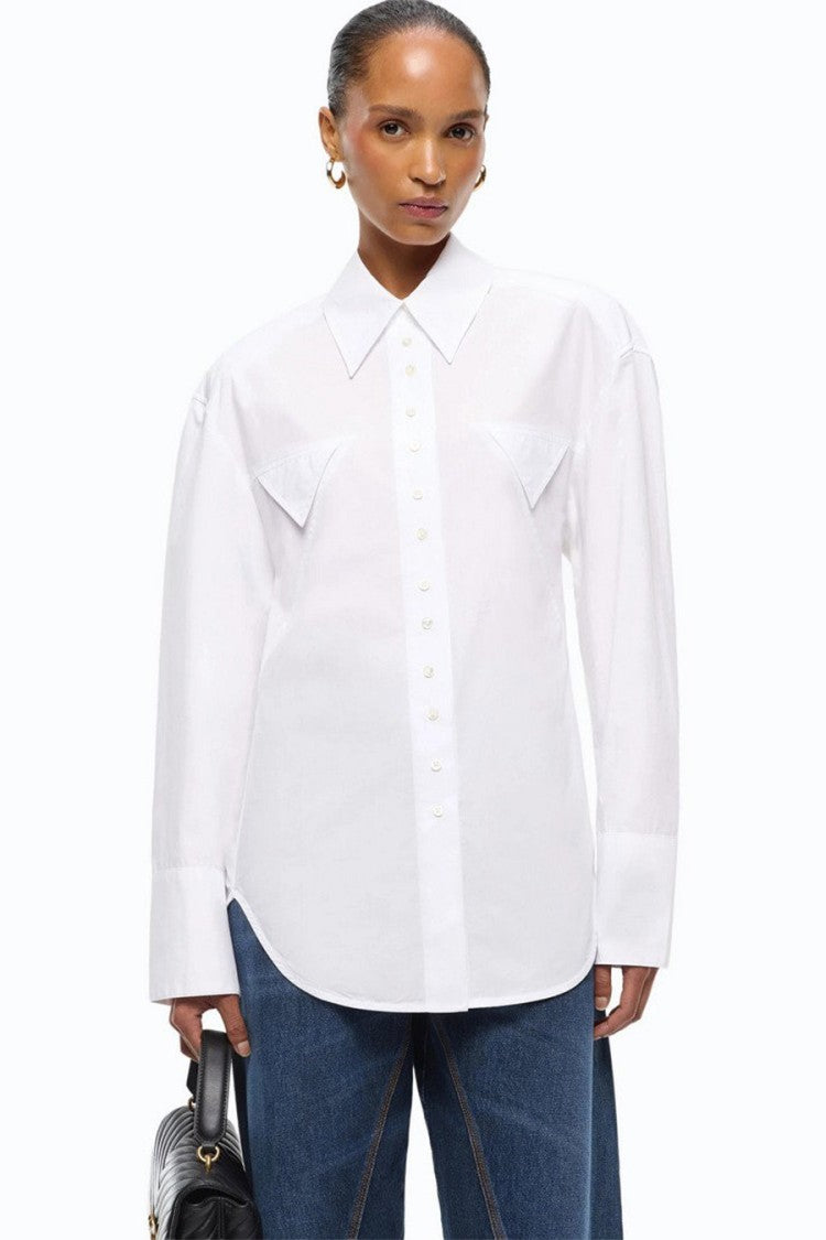 Pinko White Cotton-Lyocell Blend Point-Collar Shirt