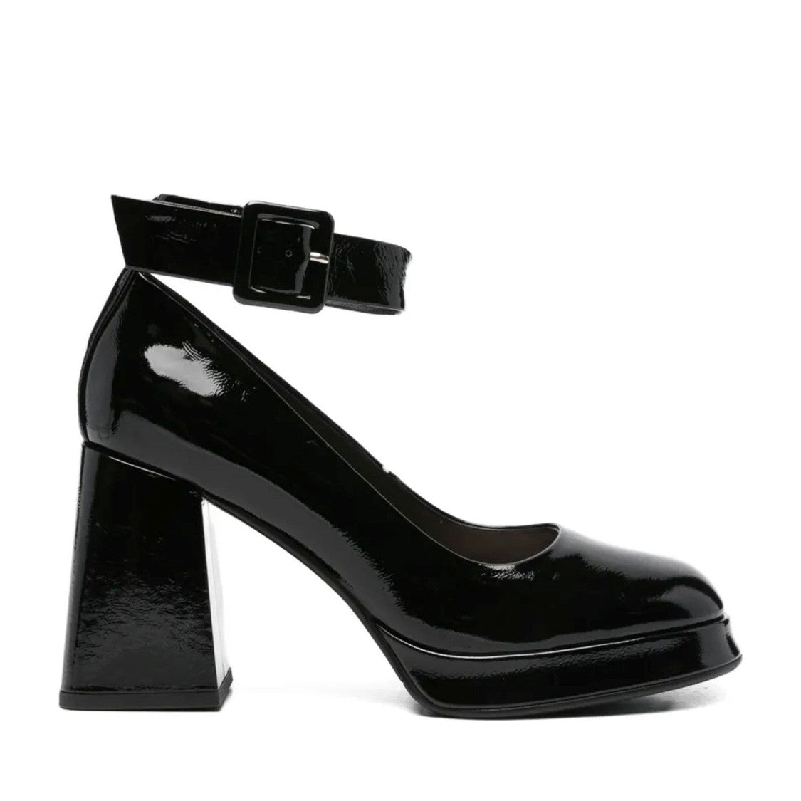 Adrianna Feretti Black Glossy Patent Block Heel Pumps