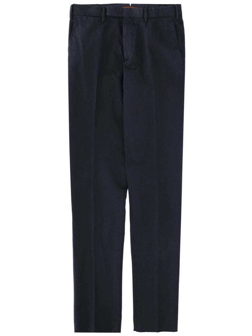 Zegna Navy Cotton-Linen Flat Front Tailored Pants