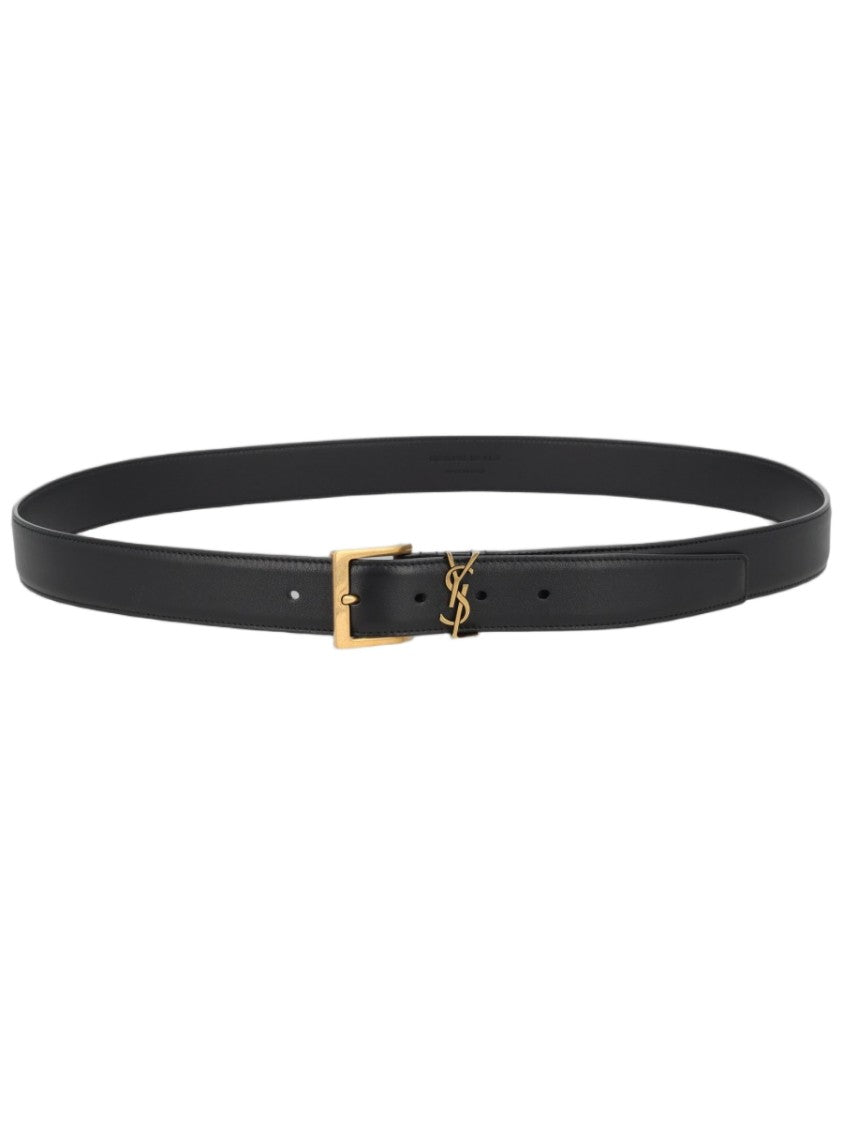 Saint Laurent Narrow Calf Skin Belt With Rectangular Gold Buckle
