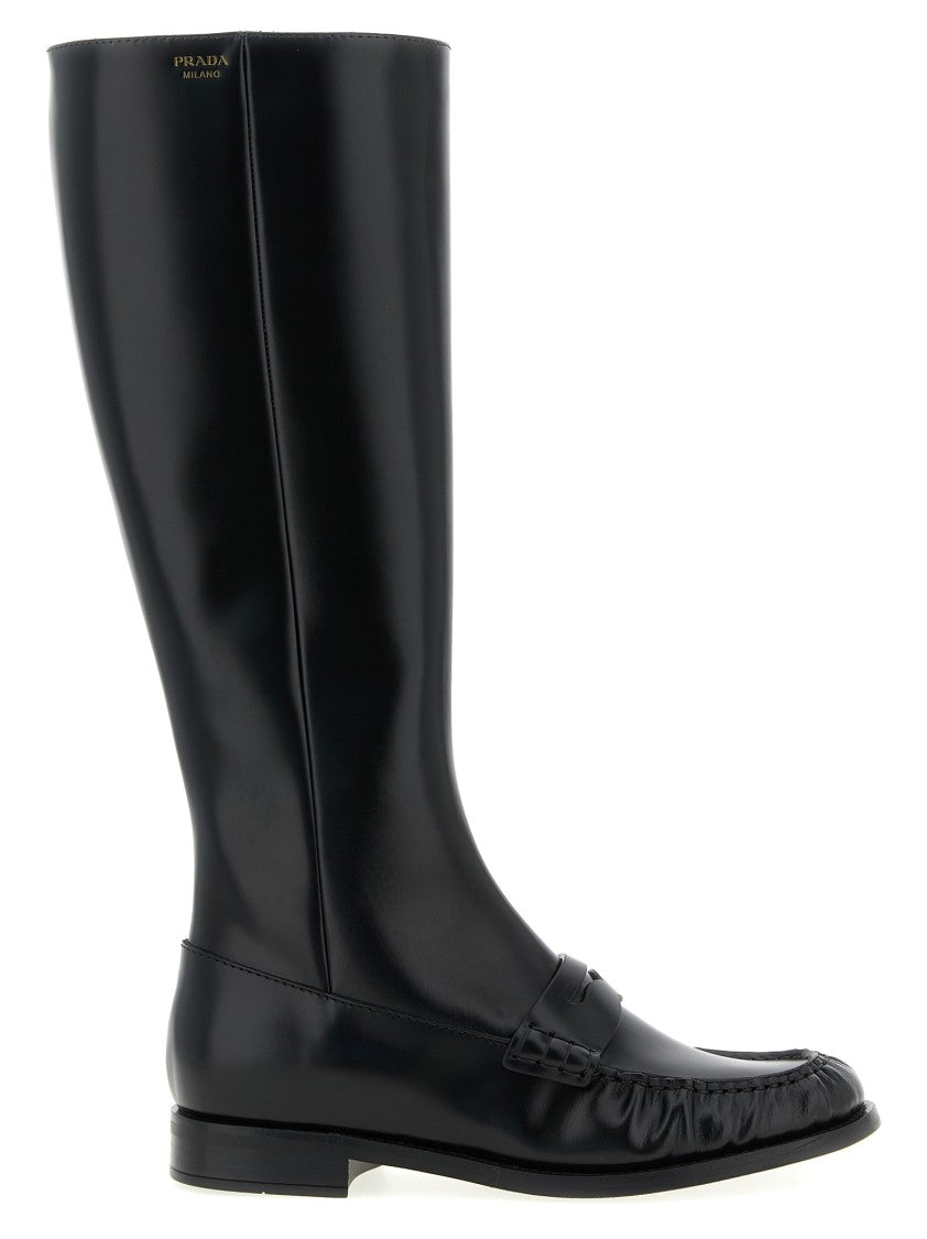 Prada Moccasin-Style High Boots In Brushed Calf Leather