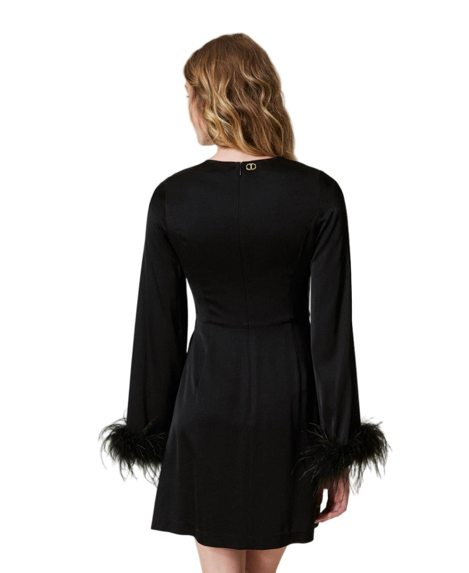 Twin-Set Black Viscose Satin Feather-Trimmed Cuffs Mini Dress