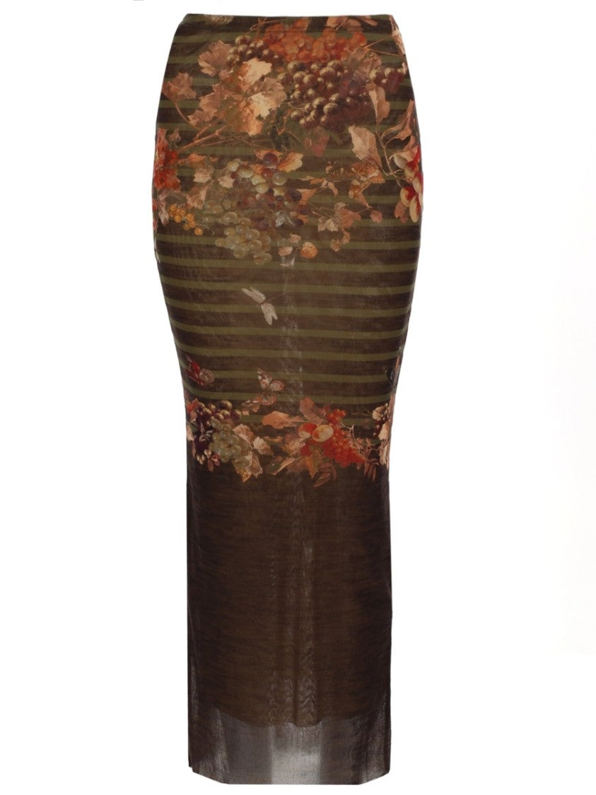 Jean Paul Gaultier Mariniere Grape Printed Semi-Sheer Maxi Skirt