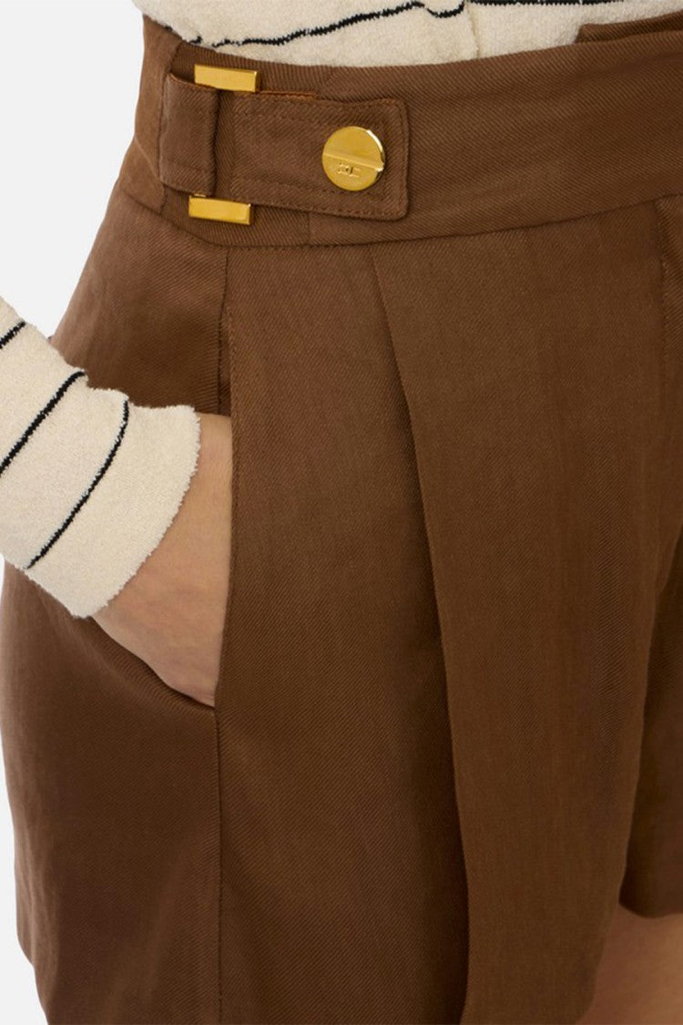 Elisabetta Franchi Brown Button-Tab Waistband Linen-Blend Shorts