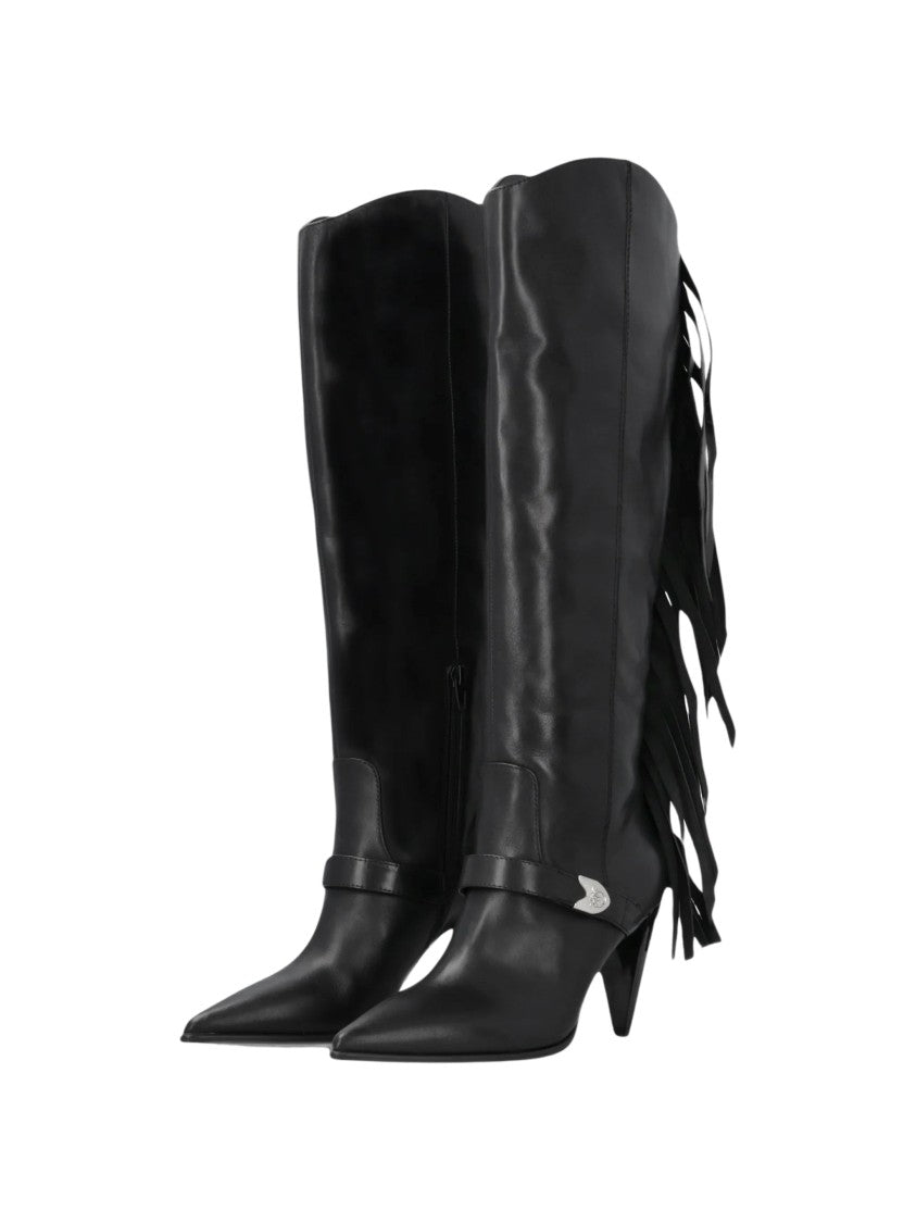 Pinko Knee-High Fringe Boots With Pointed Toe And Angled Heel