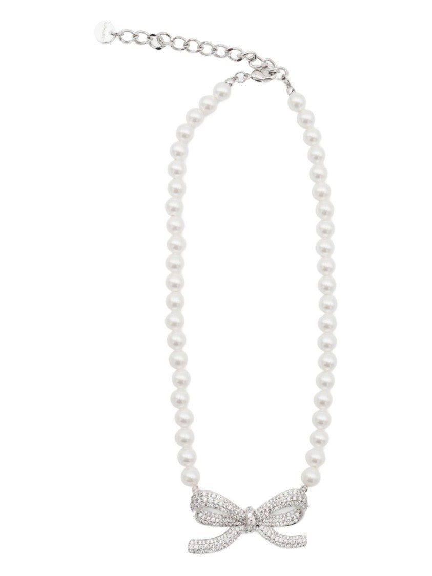 Self-Portrait Faux Pearl Necklace With Silver Bow