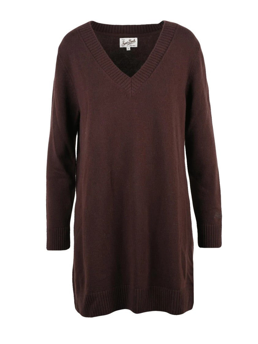 Mc2 Saint Barth Long Knit Dress With Deep V-Neckline And Relaxed Fit